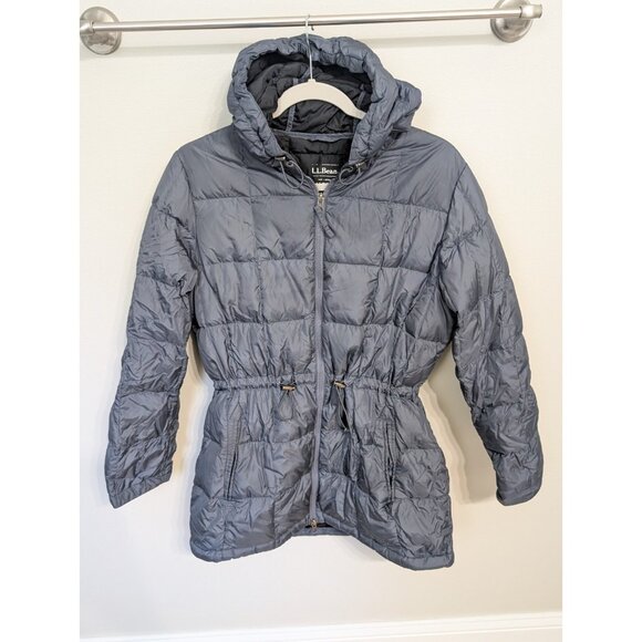 LL Bean Downtek Coat Sz M Blue Gray Hood Quilted Long Puffer Parka Jacket Down - Picture 1 of 14